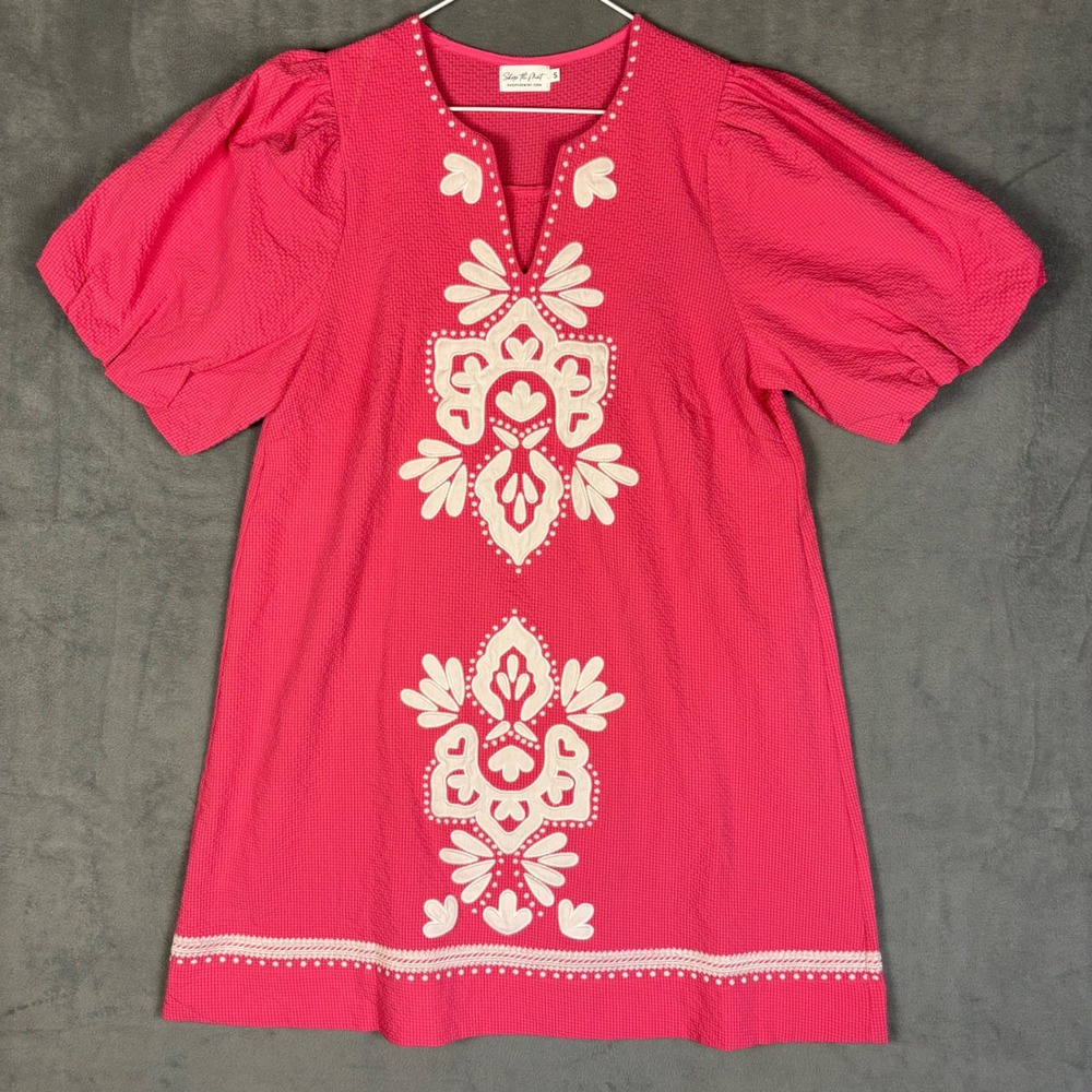 Shop the Mint Pink Seersucker Embroidered Puff Sleeve Tunic Dress MJD532 Small